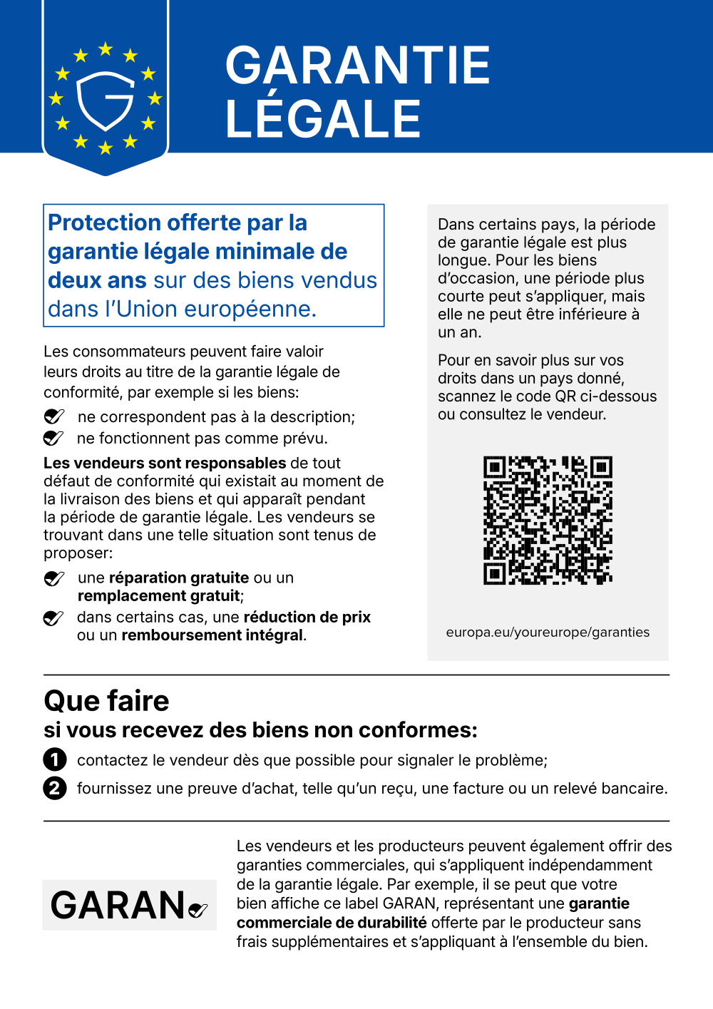 Mention officielle de l'UE relative à la garantie légale de conformité